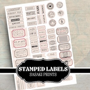 Stamped labels for junk journaling, scrapbooking, and vintage crafts. Printable mini tags in black, white, kraft, and red. Perfect for DIY projects, planners, and mixed media art. Instant download.
