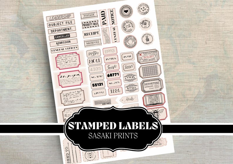 Stamped labels for junk journaling, scrapbooking, and vintage crafts. Printable mini tags in black, white, kraft, and red. Perfect for DIY projects, planners, and mixed media art. Instant download.