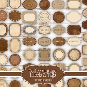 May include: A selection of vintage coffee labels and tags in various shapes and sizes. The labels are in shades of brown and beige, with some featuring the word "COFFEE". The image includes the text "Coffee Vintage Labels & Tags" and "SASAKI PRINTS".