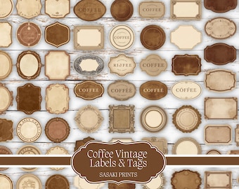 May include: A collection of vintage-style coffee labels and tags in various shapes and sizes. The labels are in shades of brown and beige, with some featuring the word "COFFEE". The image includes the text "Coffee Vintage Labels & Tags" and "SASAKI PRINTS".