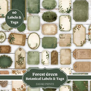 May include: A selection of 60 forest green botanical labels and tags in diverse shapes and sizes. The labels and tags have a vintage aesthetic with botanical illustrations and the text "Forest Green Botanical Labels & Tags" and "SASAKI PRINTS".