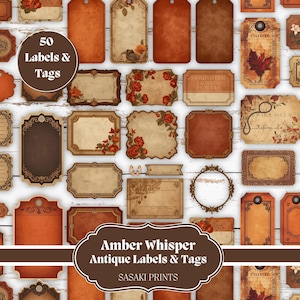Peut inclure: Une collection de 50 étiquettes et étiquettes antiques de différentes formes et tailles. Les étiquettes sont dans des tons de marron, de beige et d'orange, avec des motifs floraux et ornés. Le texte "Amber Whisper Antique Labels & Tags" est visible.