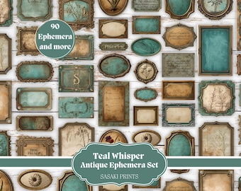 Teal Whisper Antique Ephemera – Vintage Teal & Beige Printable Ephemera Kit for Junk Journals, Scrapbooking, Collage, Cards, DIY Crafts