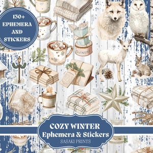 Può includere: Una collezione di elementi effimeri e adesivi a tema invernale. L'immagine presenta illustrazioni di accoglienti baite, animali del bosco, tazze di cioccolata calda, regali confezionati e una stella. Il testo include "130+ Ephemera and Stickers" e "Cozy Winter Ephemera & Stickers".
