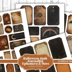May include: A collection of vintage-style Halloween-themed labels and tags. The designs feature pumpkins, bats, moons, and pentagrams, with a distressed, aged appearance. The text "Halloween Junk Journal Kit Ephemera & More" is visible. Includes 4 labels and tags pages.