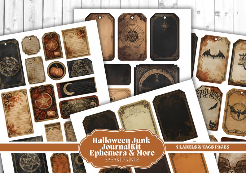 May include: A collection of vintage-style Halloween-themed labels and tags. The designs feature pumpkins, bats, moons, and pentagrams, with a distressed, aged appearance. The text "Halloween Junk Journal Kit Ephemera & More" is visible. Includes 4 labels and tags pages.
