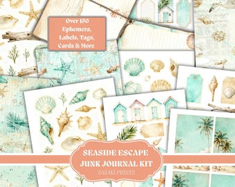 May include: A selection of watercolour ephemera, labels, tags, and cards with a seaside theme. The design includes seashells, starfish, beach huts, and palm trees. Text reads "Seaside Escape Junk Journal Kit" and "Over 150 Ephemera, Labels, Tags, Cards & More."