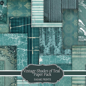 May include: A collection of teal-coloured paper sheets with diverse patterns and textures. The design incorporates stripes, floral motifs, and distressed effects. The text "Vintage Shades of Teal Paper Pack" is displayed on a label.