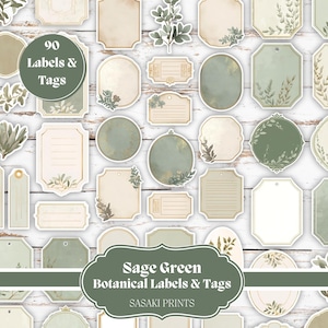 May include: A collection of 90 sage green botanical labels and tags with various shapes and designs. The labels and tags feature floral and leaf accents, with text that reads "Sage Green Botanical Labels & Tags" and "90 Labels & Tags".