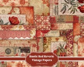 Rustic Red Reverie Vintage Papers – Red Junk Journal Kit, Printable Scrapbooking Backgrounds, Vintage Red Ephemera, Collage Sheets, Digital