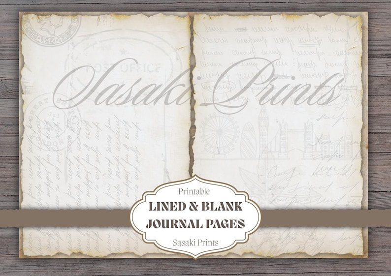 May include: Vintage-style printable journal pages with a distressed, aged appearance. The pages feature faint script and illustrations, with the text "Sasaki Prints" and "Lined & Blank Journal Pages". The paper has torn edges.