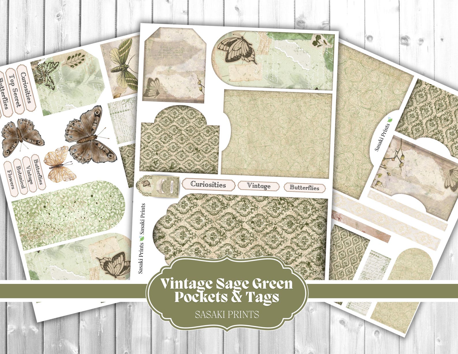 Vintage Sage Green Pockets, Printable Papers, Digital Junk Journal ...