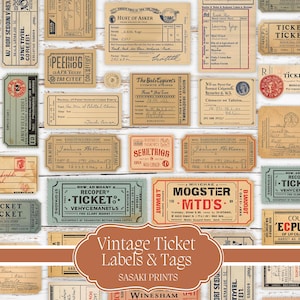 Può includere: Una collezione di etichette e tag di biglietti vintage in varie forme e dimensioni, con un aspetto invecchiato e usurato. Le etichette presentano testo, timbri e disegni in tonalità di marrone, beige, rosso e blu. L'immagine include il testo "Vintage Ticket Labels & Tags".