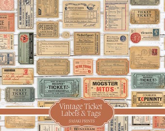 Vintage Tickets Labels & Tags – Printable Antique Ephemera for Junk Journal, Scrapbooking, Cards, Collage, DIY Crafts, Junk journal Kit