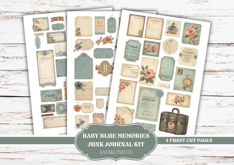 Baby Blue Junk Journal Kit Printable Vintage Ephemera Pack, Shabby ...