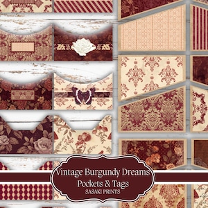 Könnte beinhalten: Eine Sammlung von Taschen, Anhängern und dekorativen Papierelementen im Vintage-Stil in Burgunderrot, Creme und Beige. Die Designs zeigen florale Muster, Damast, Streifen und Schmetterlingsmotive. Der Text "Vintage Burgundy Dreams Pockets & Tags" wird angezeigt.
