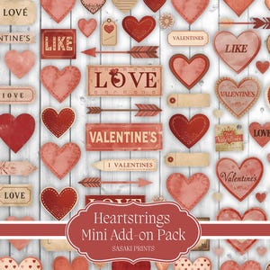 Puede incluir: Una colección de elementos digitales con temática de San Valentín. La imagen presenta varias formas de corazón, flechas y etiquetas con palabras como "Love" y "Valentine's". La paleta de colores incluye tonos de rojo, rosa y beige, con una estética vintage.