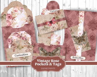 Kieszenie w stylu vintage z różami, papiery do druku, cyfrowy dziennik śmieciowy, styl shabby chic, dziennik śmieciowy, zestaw do dziennika śmieciowego, nadruki Sasaki, książka do rękodzieła, DIY