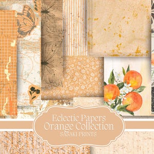 May include: A digital paper pack with 10 different designs featuring orange, peach, and white colors. The designs include a grid pattern, floral patterns, butterflies, and handwritten text. The text reads "Eclectic Papers Orange Collection Sasaki Prints".