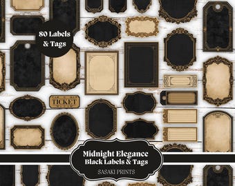 May include: A collection of 80 black and tan labels and tags with ornate gold borders. The labels and tags are in various shapes, including rectangles, ovals, and ticket shapes. The text "Midnight Elegance Black Labels & Tags" is displayed.