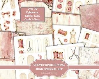 Sewing Junk Journal Kit, Vintage Sewing Ephemera Printable, Shabby Chic Rose Journal Pages, Seamstress Scrapbook Kit, Tags Cards Fussy Cuts