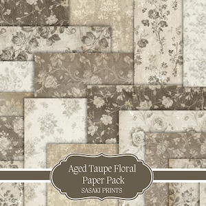 Könnte beinhalten: Aged Taupe Floral Paper Pack mit rechteckigen Blättern mit floralen Mustern in Taupe, Creme und Braun. Das Bild enthält ein dekoratives Etikett mit dem Text "Aged Taupe Floral Paper Pack SASAKI PRINTS."