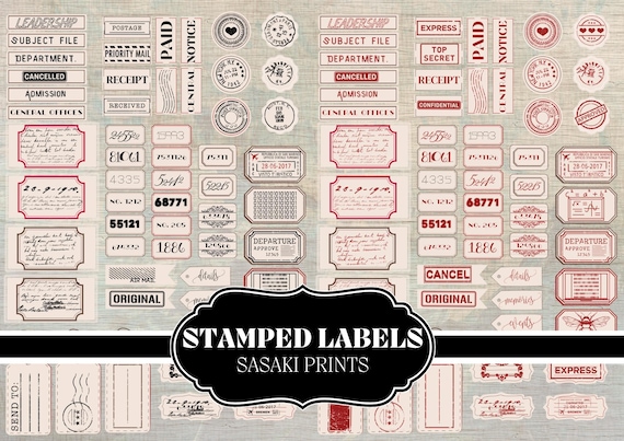 Stamped Labels, Mini Black, White, Kraft, Red Tags for Junk Journaling & Scrapbooking, Vintage Ephemera, Printable Labels, Sasaki Prints