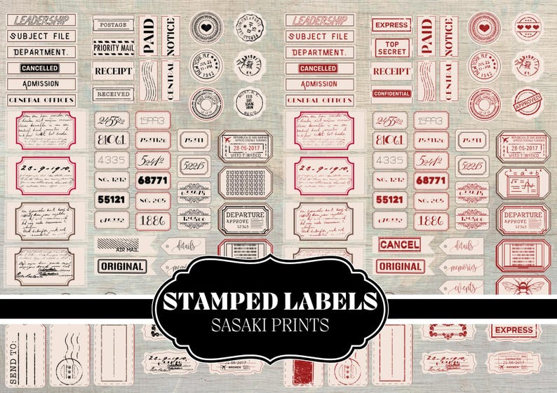 Stamped labels for junk journaling, scrapbooking, and vintage crafts. Printable mini tags in black, white, kraft, and red. Perfect for DIY projects, planners, and mixed media art. Instant download.