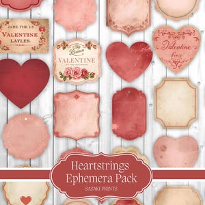 Puede incluir: Una colección de efímeras de estilo vintage en tonos rojos, rosas y crema, que incluye formas de corazón, etiquetas y etiquetas. Algunas piezas presentan diseños florales y texto como "Valentine" y "Heartstrings Ephemera Pack."