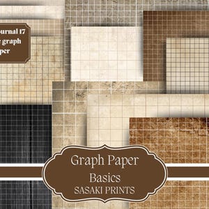 Peut inclure: Un collage numérique de 17 motifs de papier quadrillé uniques dans différentes nuances de brun et de beige. Le texte "Junk Journal 17 unique graph paper" est dans un rectangle brun en haut à gauche. Le texte "Graph Paper Basics SASAKI PRINTS" est dans un rectangle brun en bas au centre.