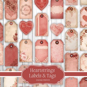 Puede incluir: Una colección de etiquetas y tags de estilo vintage en tonos rojos, rosas y crema. Las etiquetas presentan diseños florales y de encaje, formas de corazón y bordes decorativos. El texto "Heartstrings Labels & Tags" es visible.
