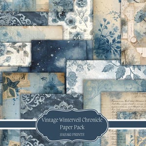 May include: A collection of vintage-style paper sheets in shades of blue, cream, and beige. The designs include floral patterns, butterflies, and handwritten text. The text on the label reads "Vintage Winterveil Chronicle Paper Pack SASAKI PRINTS."