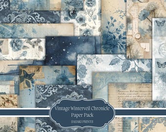 Vintage Winterveil Chronicle Junk Journal Kit – Elegant Vintage Paper Pack, Ephemera, Tags & Collage Sheets for Scrapbooking, Card Making,