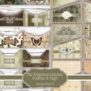 May include: A collection of vintage-style pockets and tags with butterfly and floral designs. The color palette includes shades of brown, green, and cream. The text "The forgotten Garden Pockets & Tags" is visible.