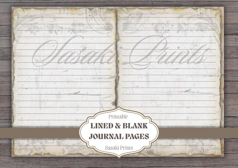 May include: A printable journal page design with a vintage aesthetic. The pages are lined and blank, with a distressed paper texture and floral accents. The text "Sasaki Prints" is visible, along with the words "Lined & Blank Journal Pages".