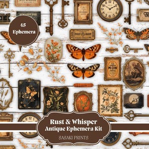 Könnte beinhalten: Eine Ansammlung antiker Ephemera, darunter Schlüssel, Uhren, Rahmen und Schmetterlingsillustrationen, auf einer weißen Holzoberfläche angeordnet. Das Bild zeigt den Text "45 Ephemera" und "Rust & Whisper Antique Ephemera Kit".