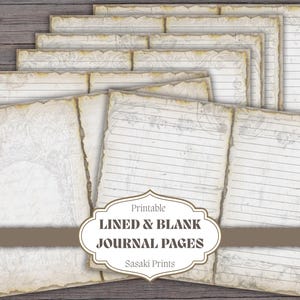 May include: A stack of printable journal pages with a vintage aesthetic. The pages are lined and blank, with a distressed, aged appearance. The text "Lined & Blank Journal Pages" is displayed on a decorative label.