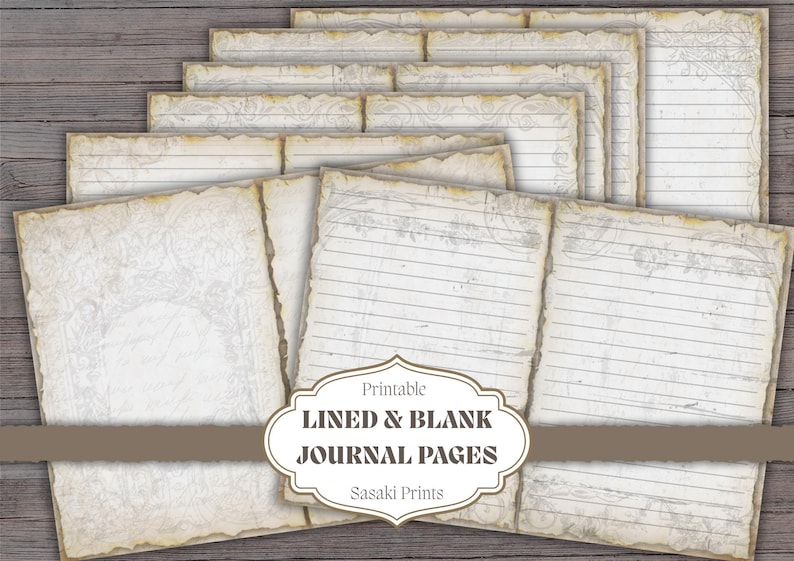 May include: A stack of printable journal pages with a vintage aesthetic. The pages are lined and blank, with a distressed, aged appearance. The text "Lined & Blank Journal Pages" is displayed on a decorative label.
