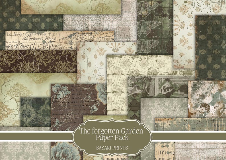 May include: A collection of vintage-style paper sheets in various sizes and patterns. The color palette includes shades of brown, green, and cream, with floral and script designs. The text "The forgotten Garden Paper Pack" is visible.