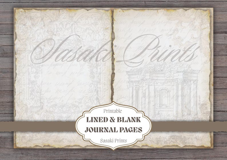 May include: Printable journal pages with a vintage aesthetic. The pages are off-white with a distressed, aged look. The text "Sasaki Prints" is visible in a script font. The pages are lined and blank, with a decorative border and a label that reads "Lined & Blank Journal Pages."