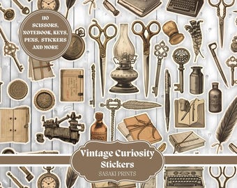 Pegatinas Vintage Curiosity: 110 pegatinas vintage imprimibles, ideales para diarios basura, kit de scrapbooking, etiquetas retro y collage estético.