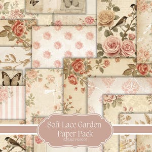 Puede incluir: Una colección de hojas de papel de estilo vintage con diseños florales y de mariposas. Los papeles presentan rosas, pájaros y elementos de escritura en tonos rosa pálido, crema y beige. El texto "Soft Lace Garden Paper Pack" se muestra en una pancarta.