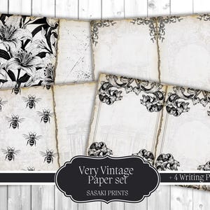 May include: A vintage paper set with four writing pages. The set includes pages with floral, bee, and ornate designs. The paper has a distressed, aged appearance. The text "Very Vintage Paper set" is displayed on a black label.