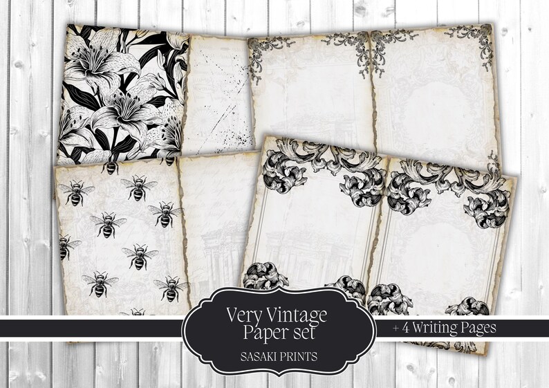 May include: A vintage paper set with four writing pages. The set includes pages with floral, bee, and ornate designs. The paper has a distressed, aged appearance. The text "Very Vintage Paper set" is displayed on a black label.