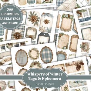 Può includere: Una collezione di elementi effimeri, etichette e tag in stile vintage a tema invernale. I disegni presentano pigne, accenti floreali e motivi a quadri nei toni blu, marrone e crema tenui. L'immagine include il testo "300 Ephemera Labels Tags and More" e "Whispers of Winter Tags & Ephemera".