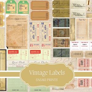 Peut inclure: Un collage d'étiquettes et de billets vintage de différentes formes et tailles. Comprend des billets "Admit One", des étiquettes de voyage, des reçus et des billets de train. La palette de couleurs est principalement beige, marron et vert, avec des touches de rouge et de bleu. Le texte "Vintage Labels" est affiché.