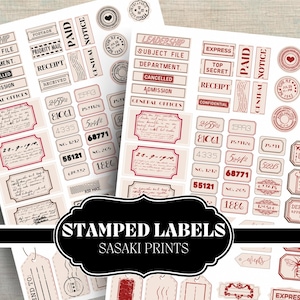 Stamped labels for junk journaling, scrapbooking, and vintage crafts. Printable mini tags in black, white, kraft, and red. Perfect for DIY projects, planners, and mixed media art. Instant download.