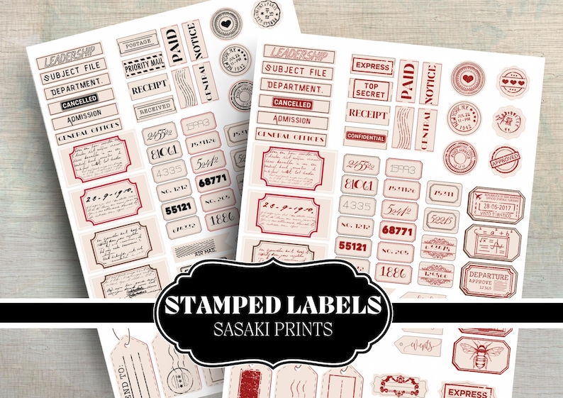 Stamped labels for junk journaling, scrapbooking, and vintage crafts. Printable mini tags in black, white, kraft, and red. Perfect for DIY projects, planners, and mixed media art. Instant download.