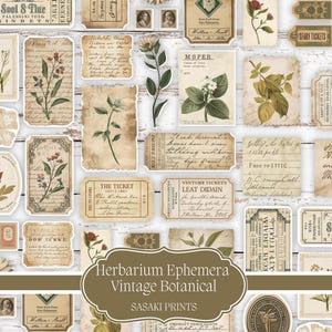 May include: A collection of vintage botanical ephemera stickers featuring floral illustrations, handwritten notes, and ticket stubs. The stickers have a distressed, aged appearance with sepia tones and various sizes. The text "Herbarium Ephemera Vintage Botanical" is visible.