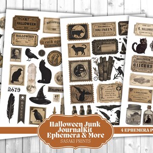 May include: Four pages of Halloween-themed ephemera with vintage illustrations. The pages feature tickets, stamps, and labels with images of black cats, ravens, witch hats, and skulls. The text "Halloween Junk Journal Kit Ephemera & More" is displayed on a brown banner.